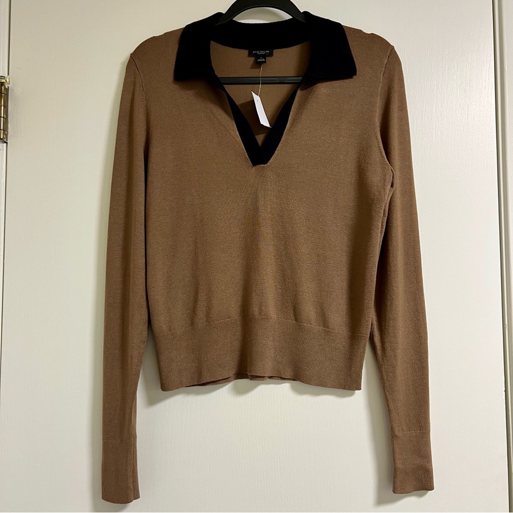 ANN TAYLOR Brown‎ Long Sleeve Sweater with Black Collar, S - Picture 2 of 10